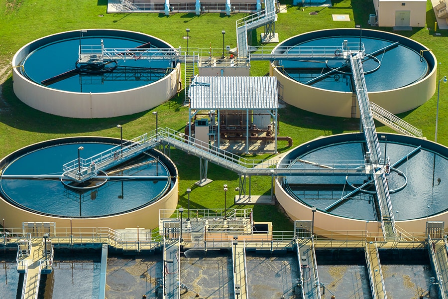 outdoor water tanks at modern water treatment plant